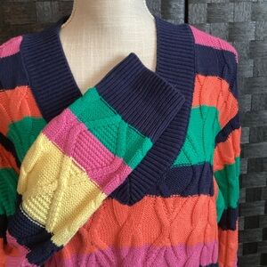 Vintage Chunky Colorful Striped Cotton Blend Cable Knit V Neck Sweater Size XXL